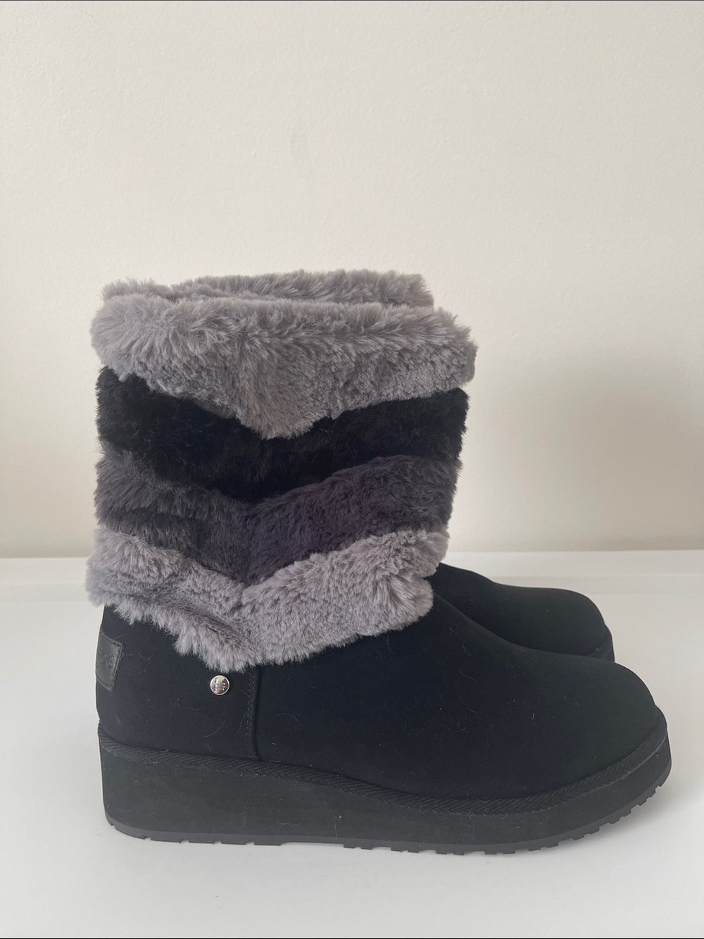 London Fog Black Ankle Boots with Gray Faux-Fur Cuff